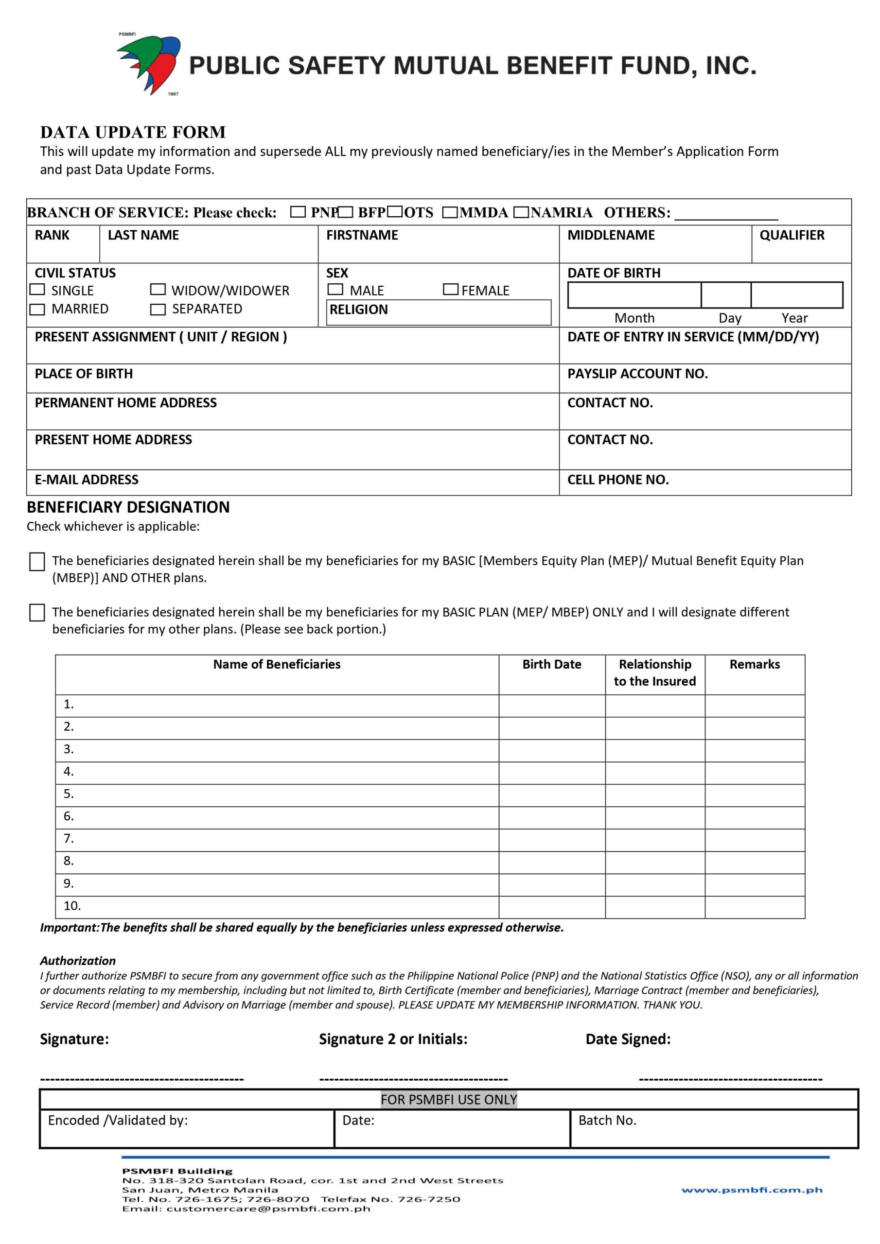 Data Update Form - PSMBFI